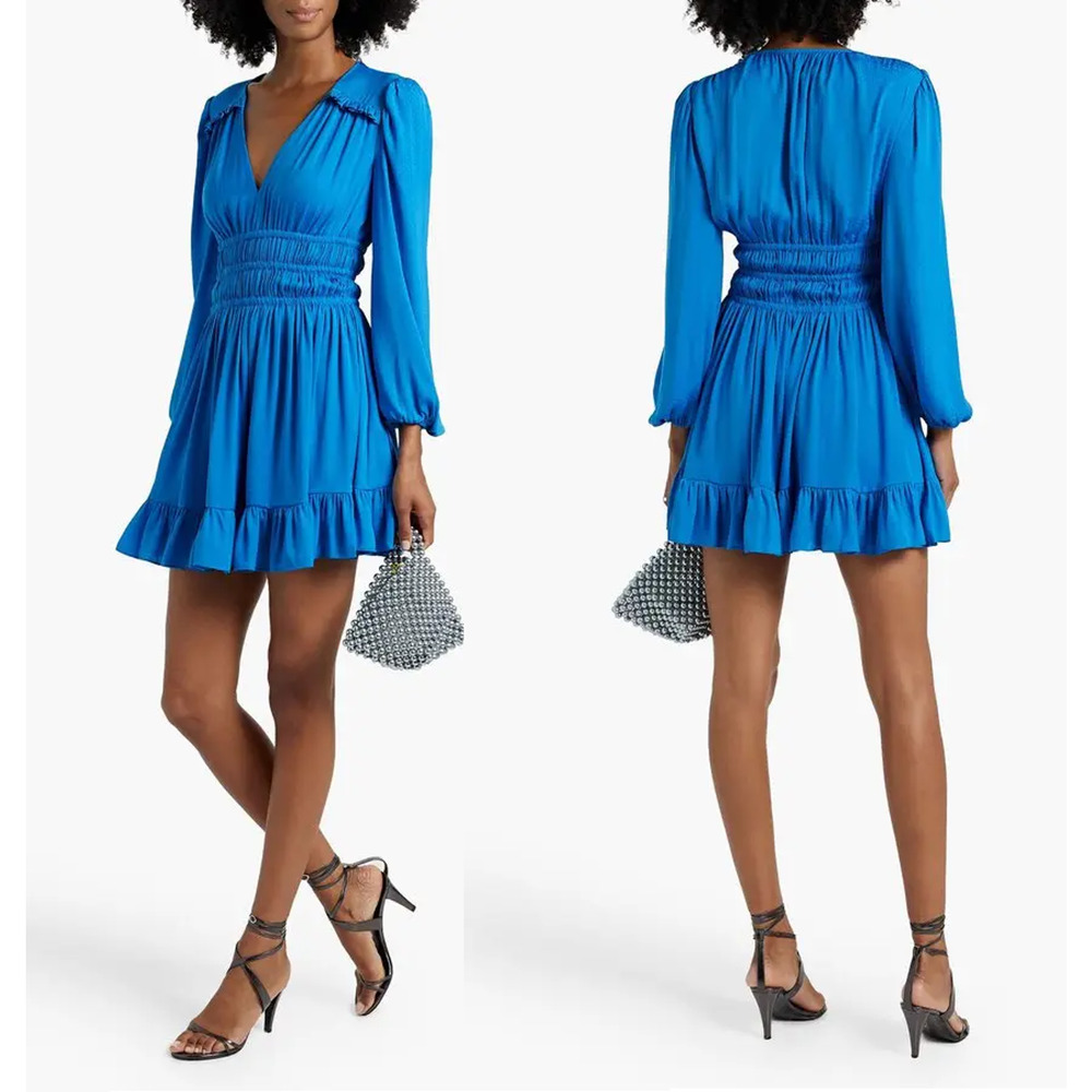 NWT Maje Shirred Satin-Jacquard V-Neck Ruffle Mini Dress Blue Women 38 FR / US 6
